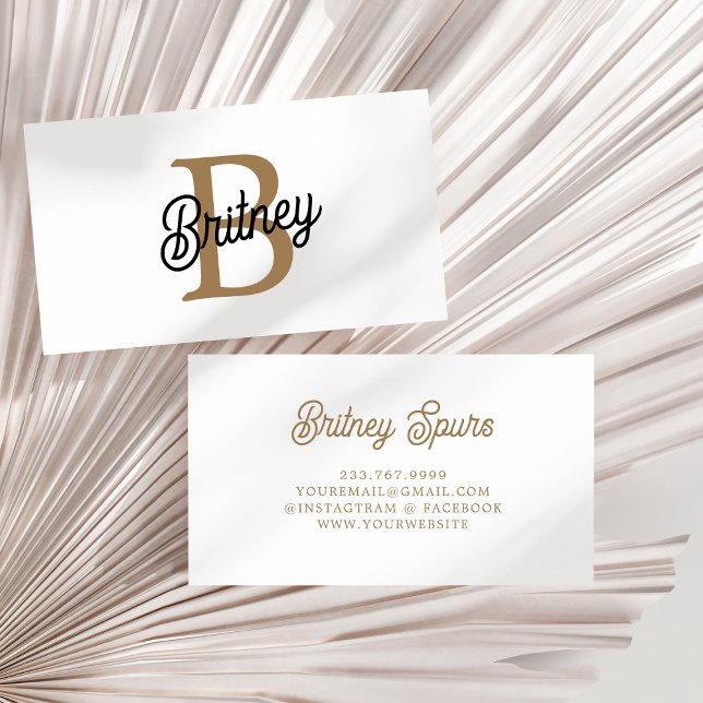 Modern Elegant Monogram Name Black Gold Script Business Card (Creator Uploaded)