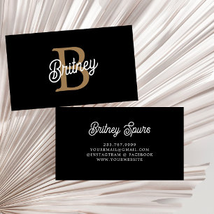 Modern Elegant Monogram Name Black Gold Script Business Card