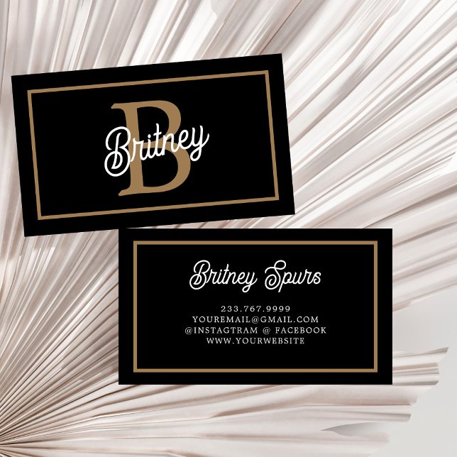 Modern Elegant Monogram Name Black Gold Script Business Card (Creator Uploaded)