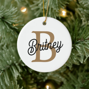 Modern Elegant Monogram Name Black Gold Script Ceramic Tree Decoration