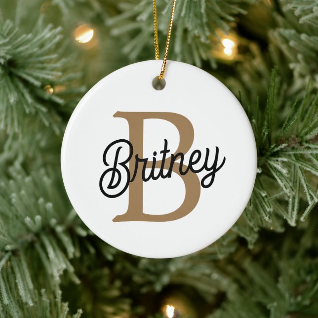 Modern Elegant Monogram Name  Black Gold Script  Ceramic Tree Decoration (Tree)