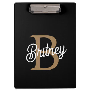 Modern Elegant Monogram Name Black Gold Script Clipboard