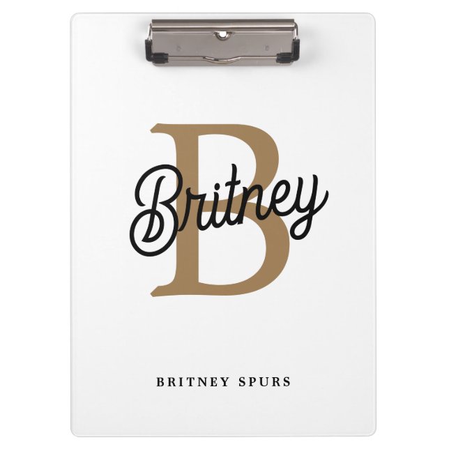 Modern Elegant Monogram Name  Black Gold Script  Clipboard (Front)