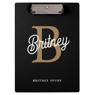Modern Elegant Monogram Name  Black Gold Script  Clipboard