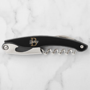Modern Elegant Monogram Name Black Gold Script Corkscrew