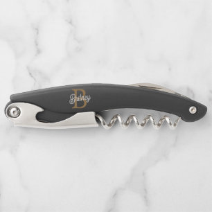 Modern Elegant Monogram Name  Black Gold Script  Corkscrew