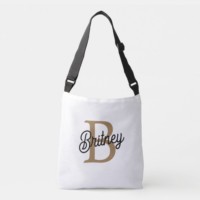 Modern Elegant Monogram Name  Black Gold Script  Crossbody Bag (Front)