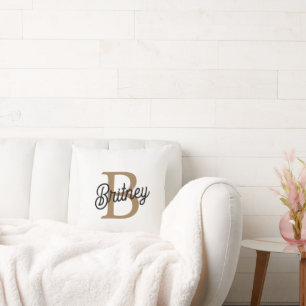 Modern Elegant Monogram Name Black Gold Script Cushion