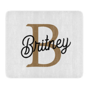 Modern Elegant Monogram Name Black Gold Script Cutting Board