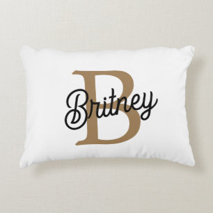 Modern Elegant Monogram Name Black Gold Script Decorative Cushion