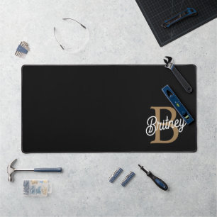 Modern Elegant Monogram Name  Black Gold Script  Desk Mat