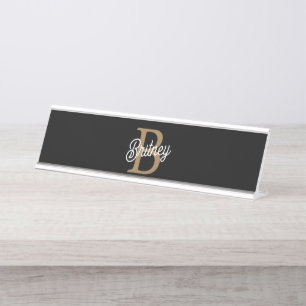 Modern Elegant Monogram Name  Black Gold Script  Desk Name Plate