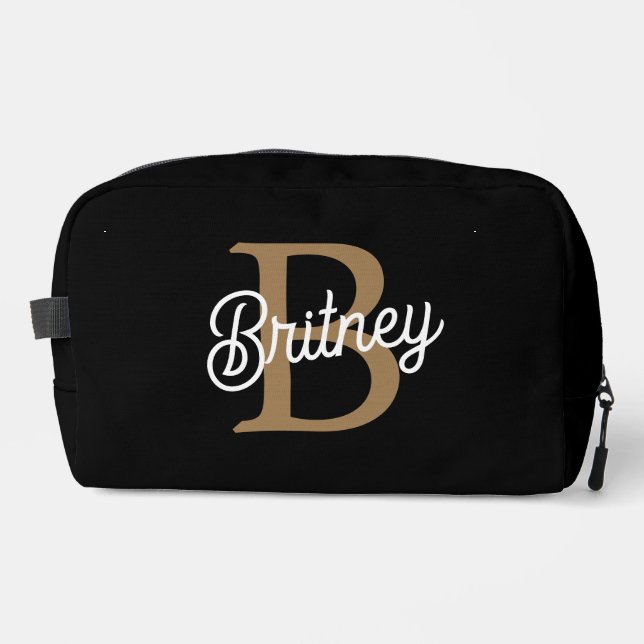 Modern Elegant Monogram Name  Black Gold Script  Dopp Kit (Front)