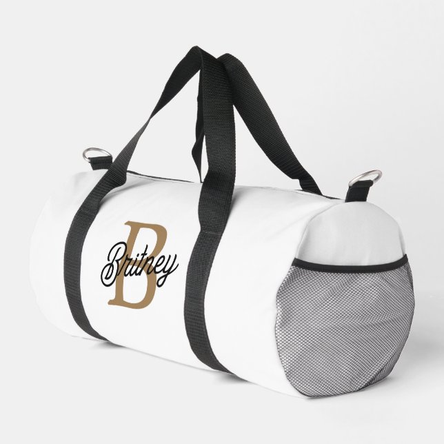 Modern Elegant Monogram Name  Black Gold Script  Duffle Bag (Right Corner)