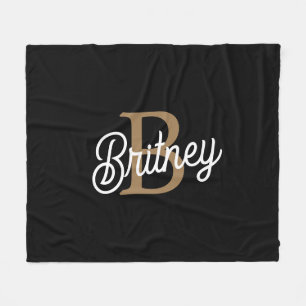 Modern Elegant Monogram Name  Black Gold Script  Fleece Blanket