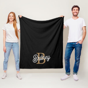Modern Elegant Monogram Name  Black Gold Script  Fleece Blanket