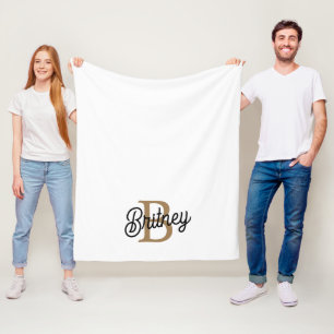 Modern Elegant Monogram Name  Black Gold Script  Fleece Blanket