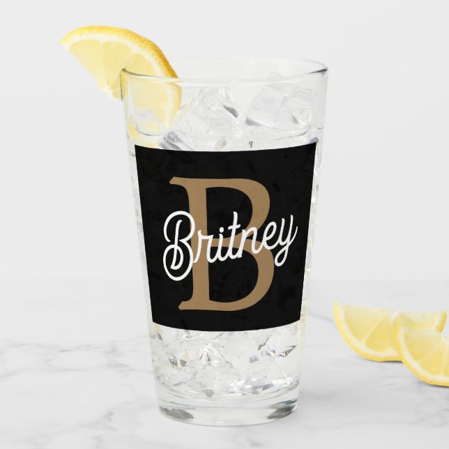 Modern Elegant Monogram Name  Black Gold Script  Glass (Front Ice)
