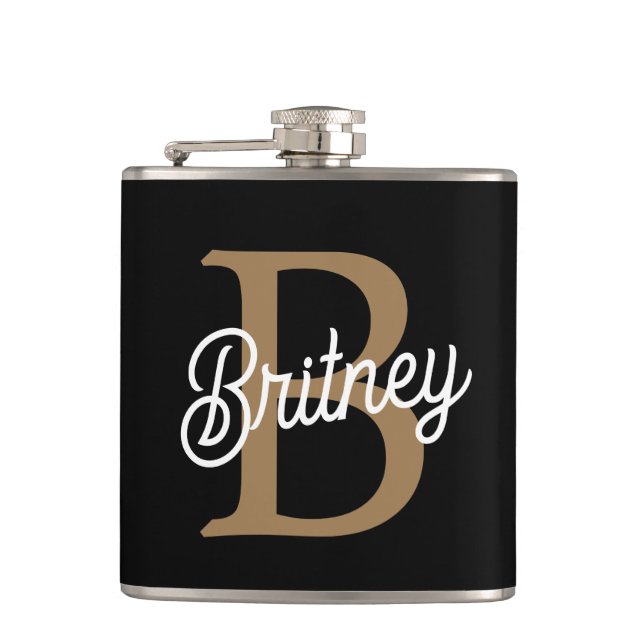 Modern Elegant Monogram Name  Black Gold Script  Hip Flask (Front)