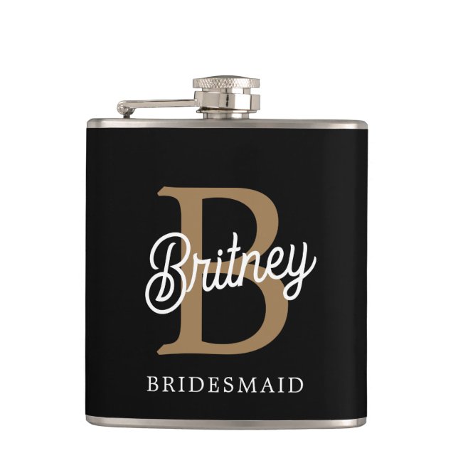 Modern Elegant Monogram Name  Black Gold Script  Hip Flask (Front)