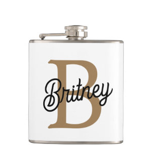 Modern Elegant Monogram Name  Black Gold Script  Hip Flask