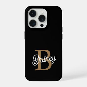 Modern Elegant Monogram Name Black Gold Script iPhone 15 Pro Case