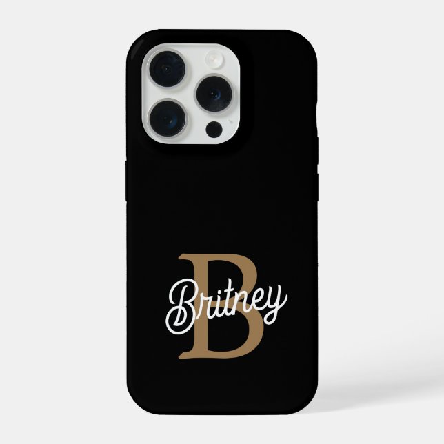Modern Elegant Monogram Name  Black Gold Script  iPhone Case (Back)
