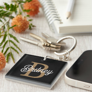 Modern Elegant Monogram Name Black Gold Script Key Ring