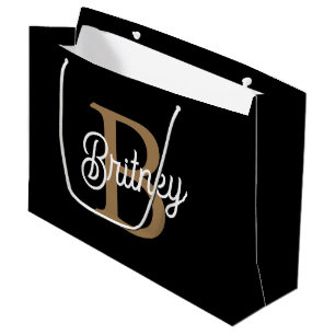 Modern Elegant Monogram Name  Black Gold Script  Large Gift Bag