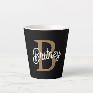 Modern Elegant Monogram Name  Black Gold Script  Latte Mug