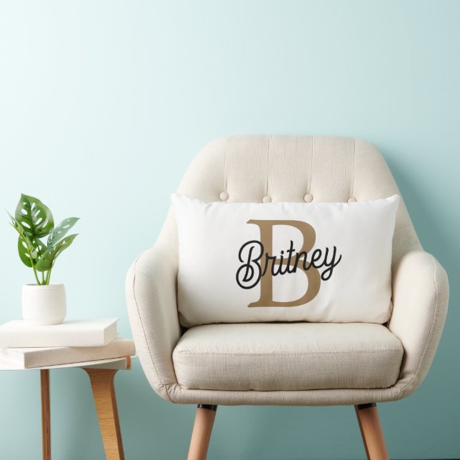 Modern Elegant Monogram Name  Black Gold Script  Lumbar Cushion (Chair)