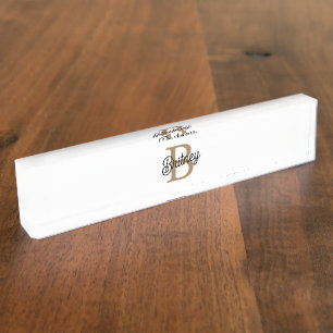 Modern Elegant Monogram Name Black Gold Script Nameplate