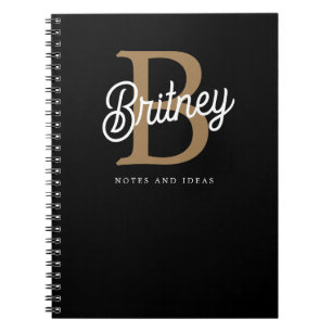 Modern Elegant Monogram Name  Black Gold Script  Notebook