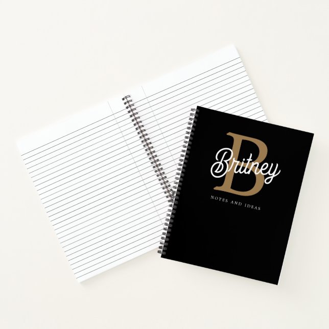Modern Elegant Monogram Name Black Gold Script Notebook (Inside)