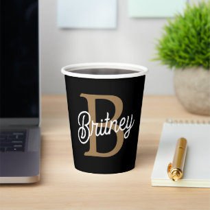 Modern Elegant Monogram Name  Black Gold Script  Paper Cups
