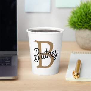 Modern Elegant Monogram Name  Black Gold Script  Paper Cups