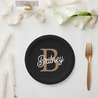 Modern Elegant Monogram Name Black Gold Script Paper Plate