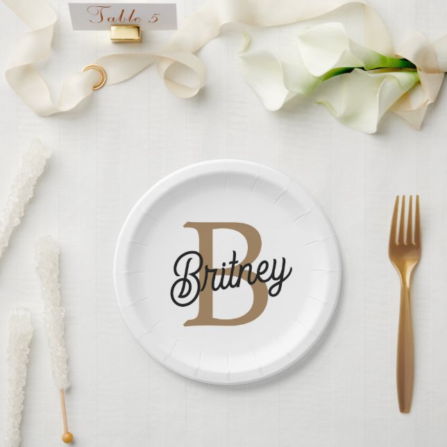 Modern Elegant Monogram Name  Black Gold Script  Paper Plate (Wedding)