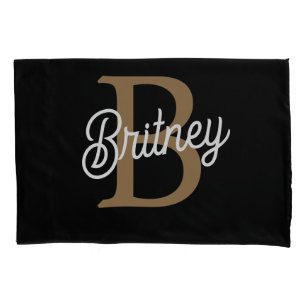 Modern Elegant Monogram Name  Black Gold Script  Pillowcase