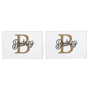 Modern Elegant Monogram Name  Black Gold Script  Pillowcase