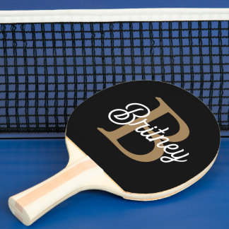 Modern Elegant Monogram Name Black Gold Script Ping Pong Paddle