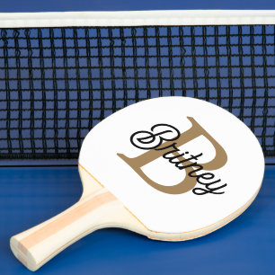 Modern Elegant Monogram Name  Black Gold Script  Ping Pong Paddle