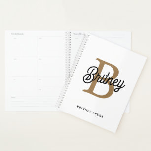 Modern Elegant Monogram Name Black Gold Script Planner