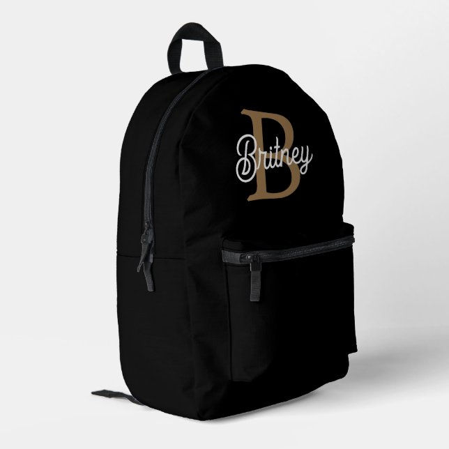 Modern Elegant Monogram Name  Black Gold Script  Printed Backpack (Back Corner Left)