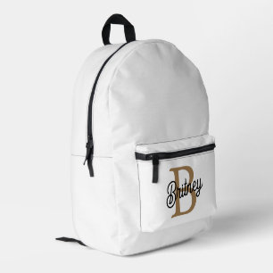 Modern Elegant Monogram Name  Black Gold Script  Printed Backpack