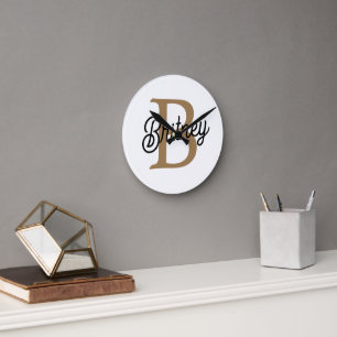 Modern Elegant Monogram Name  Black Gold Script  Round Clock