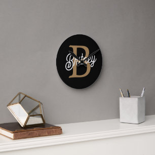 Modern Elegant Monogram Name  Black Gold Script  Round Clock