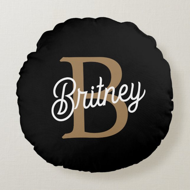 Modern Elegant Monogram Name  Black Gold Script  Round Cushion (Front)