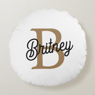 Modern Elegant Monogram Name Black Gold Script Round Cushion