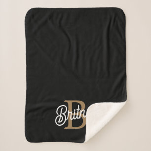 Modern Elegant Monogram Name Black Gold Script Sherpa Blanket
